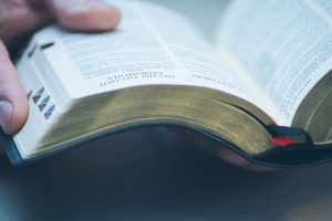 A close-up of hands holding an open Bible